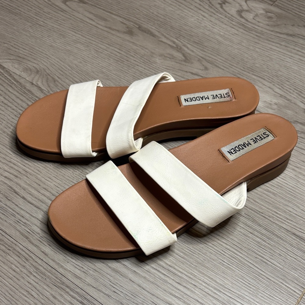 Steve Madden White Double-Strap Slide Sandals with Tan Footbed